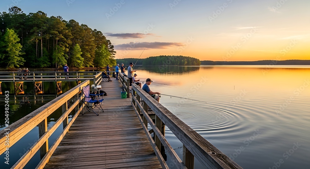 Naklejka premium People fishing from a wooden pier on a calm lake at sunset