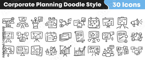 Hand drawn collection of corporate planning icons in doodle style