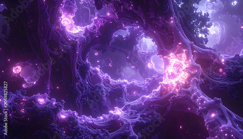 Ethereal forest canopy at twilight with glowing magical particles and intricate fractal branches, fantasy dreamscape