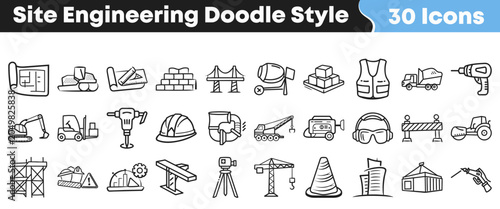 Set of hand drawn site engineering icons in doodle style