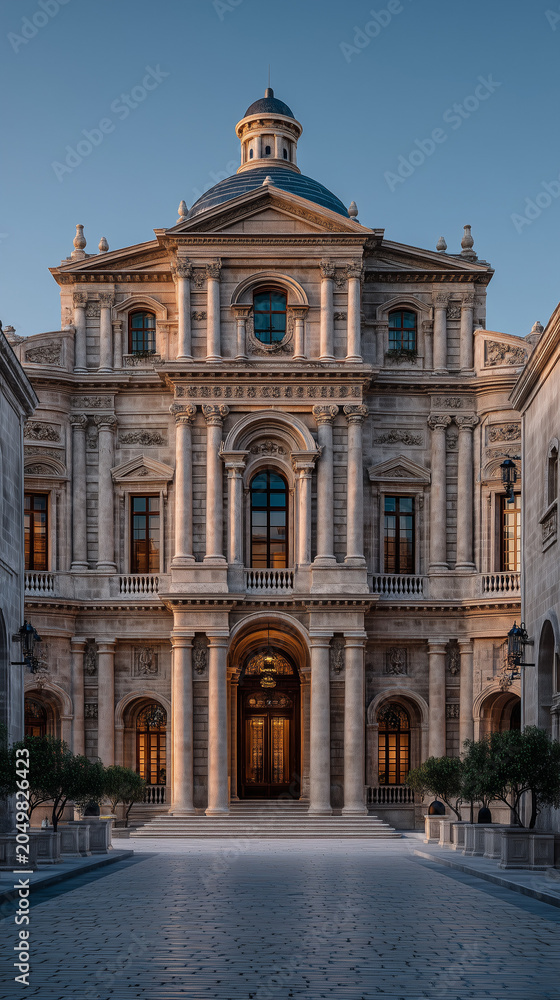 Obraz premium Symmetrical view of a grand classical palace facade with ornate columns, arched windows, and a central dome at twilight, reflecting a luxurious historical atmosphere.