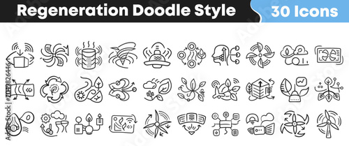 Photos Hand drawn doodle style icons depicting sustainable energy and regeneration conc