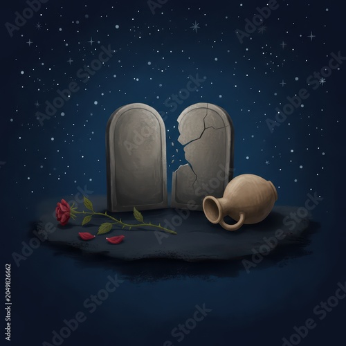 Illustration of broken stone tablets and a red rose under a starry night sky. Conceptual art with clay jar and cracked stone. Symbolic night scene