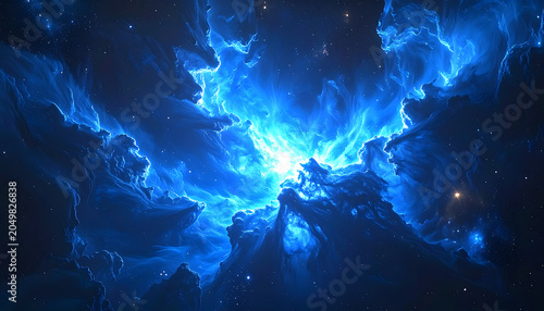 Explosion of bright blue cosmic nebula, glowing light and stars, abstract space background