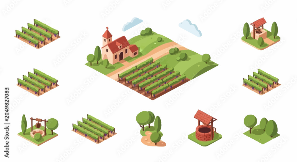 Fototapeta premium Isometric illustration of a vineyard landscape with a church, wells, and trees.