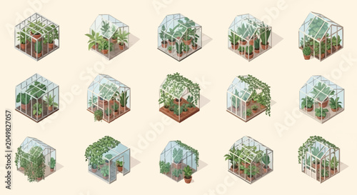 Tableau sur toile Collection of isometric greenhouses with various plants growing inside, illustrating different gardening structures
