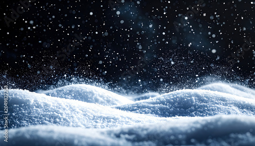 Falling snow drifts over undulating icy hills, a winter wonderland with sparkling snowflakes, frosty atmosphere, cold season