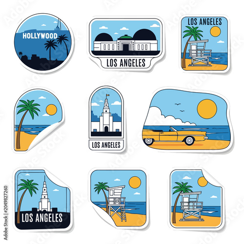 Los Angeles stickers collection - Hollywood, sun, beach, landmarks