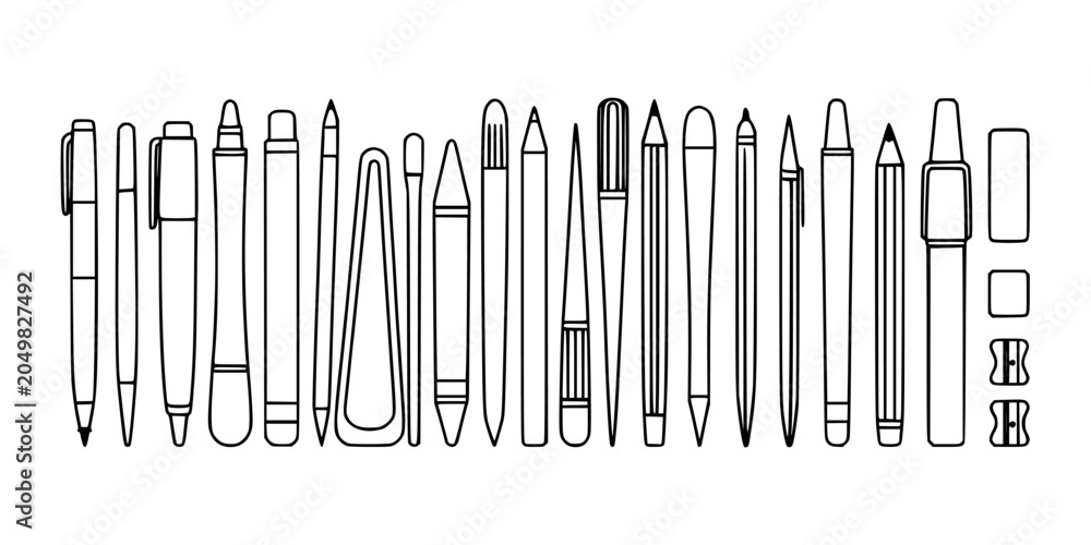 Obraz premium Pens and Pencils in Various Styles and Shapes, Including Markers and Highlighters, Displayed in a Line.