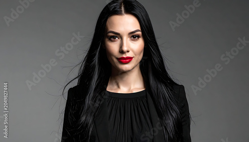 Elegant woman with dark hair and red lipstick, wearing a black dress, with a sophisticated and confident expression on a neutral gray background