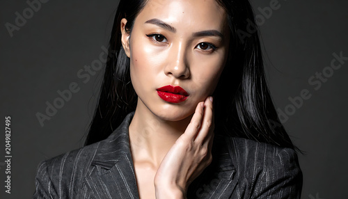 Elegant woman with striking red lips and glossy hair, touching her cheek, wearing a shimmering black jacket, studio portrait