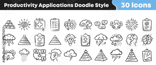 Set of thirty hand drawn productivity icons in doodle style