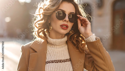Elegant woman with sunglasses and warm coat in golden hour sunlight, fashion portrait