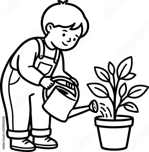 Boy watering a potted plant with a watering can, children's illustration, simple drawing