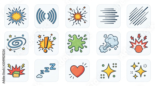 Collection of Hand Drawn Comic Style Icons and Symbols.