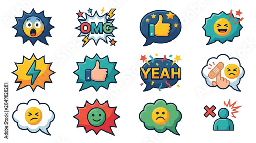 Collection of expressive cartoon speech bubbles with emojis and text.