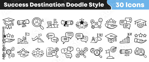 Collection of hand drawn success and achievement doodle style icons
