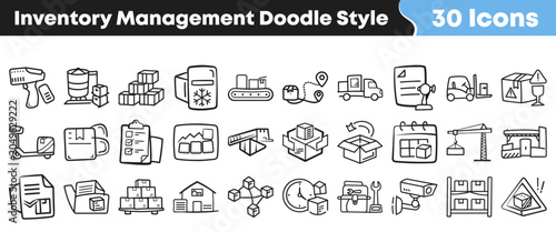 Foto Set of thirty hand drawn inventory management icons in doodle style