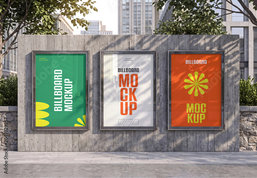 Three Vertical Billboard Posters Mockup on Concrete wall