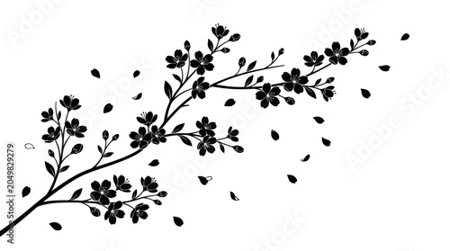 Black floral branch silhouette with floating flower petals.