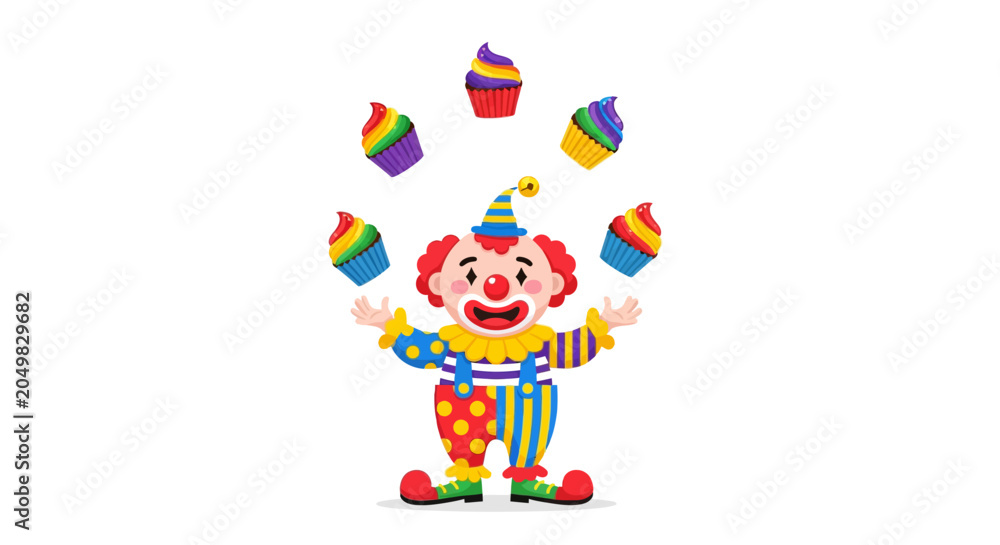 Naklejka premium Clown Juggling Rainbow Cupcakes Cartoon