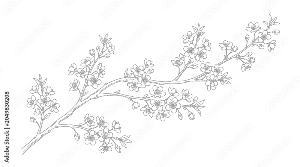 Fototapeta premium Artistic line drawing of a blooming sakura tree branch.