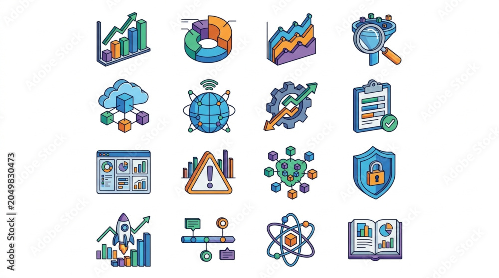 Fototapeta premium Collection of Icons Representing Data Analysis and Business Concepts.