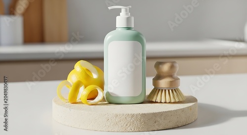 Green soap bottle with lemon peels and a wooden scrubbing brush on a stone tray in a bright home kitchen