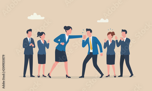 Fotografi Success businesswoman leader punch a businessman to knockout winning