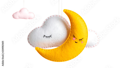 Felt moon and cloud toys, cute sleepy faces with closed eyes, soft pink and white, ideal for baby decor, nursery, or children's themes
