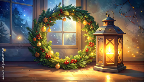 Festive Christmas wreath and glowing lantern on wooden floor, snowy forest seen through window at night, warm holiday atmosphere