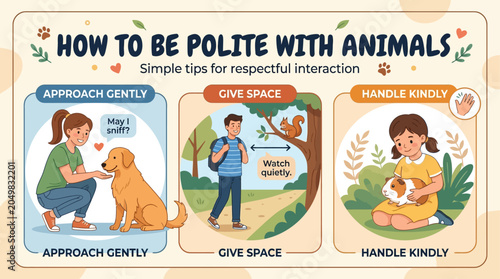 Cuadro en lienzo Educational illustration for children teaching gentle animal interaction through