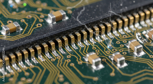 Circuit Board Macro Close Up Showing Intricate Gold Connectors and Components