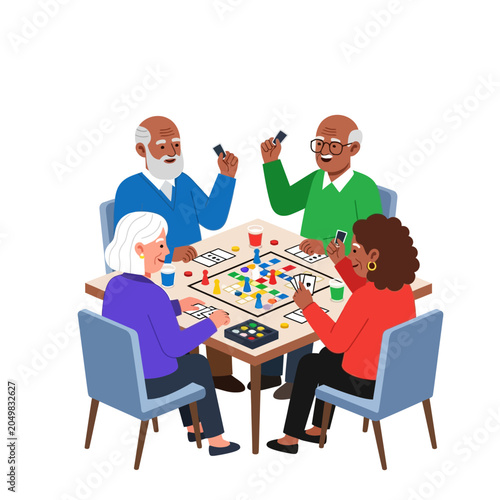 Seniors enjoying board games together, concept illustration.