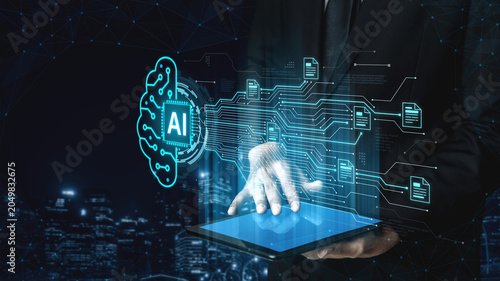 Fotografie Artificial intelligence using AI neural processing and circuit to transform AI data into actionable output by smart automated AI reasoning science