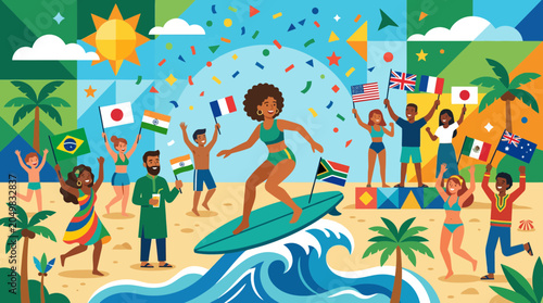 Canvas Print Diverse people celebrate surfing and summer vacation on beach with flags from ar