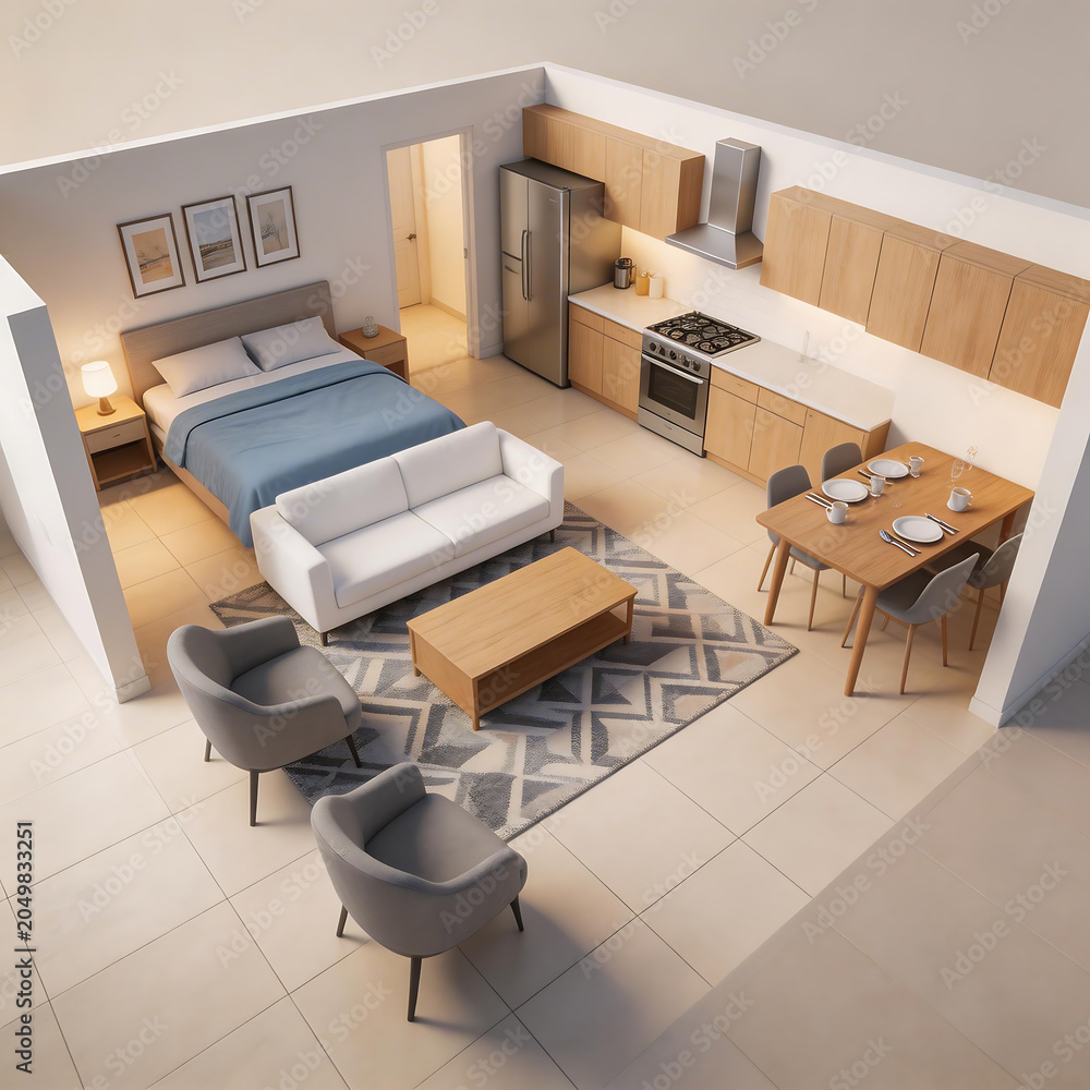 Fototapeta premium Modern studio apartment layout emphasizing farm-to-table freshness and nutrition