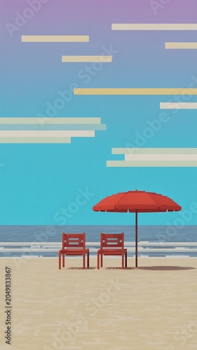 Vertical pixel beach with red chairs and umbrella against a soft gradient sky