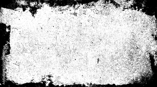 A high-contrast, black and white grunge texture featuring a heavily distressed border and a speckled, worn interior.