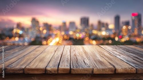Urban City Skyline with Blurred Lights and Wooden Table Surface at Dusk