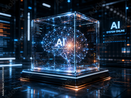 Glowing blue artificial intelligence cube with futuristic background elements