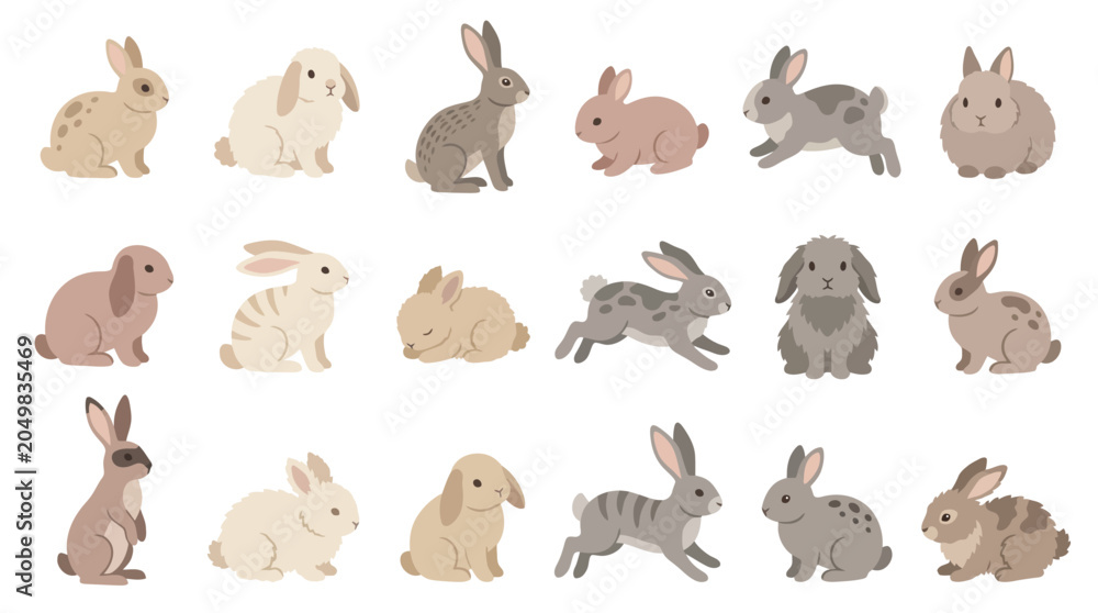 Obraz premium Collection of cute cartoon rabbits in various poses and colors, perfect for Easter and spring themes.