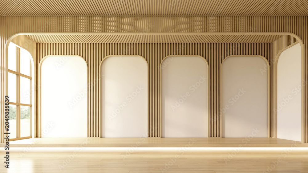 Fototapeta premium Empty room with a wooden archway and white walls. 3d rendering
