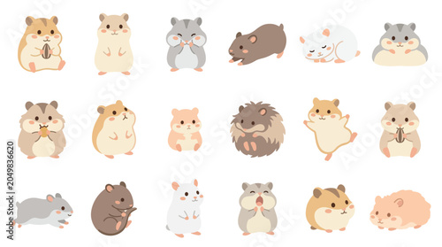 Fotografi Collection of cute cartoon hamsters in various poses and colors, isolated on a white background