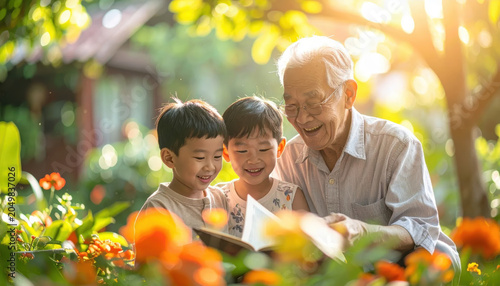 Happy grandfather smiling granddaughter smiling grandson garden sunset storytelling family bonding warm light spring flower happiness