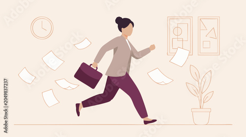 Bild auf Leinwand Busy Businesswoman Running with Briefcase and Flying Papers in Office