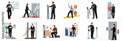Photos Vector set of professional security guards and service personnel performing various tasks like patrolling, monitoring, assisting people, and managing access control in public spaces