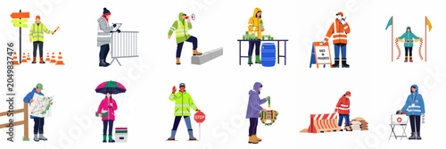 Fotografía A collection of event staff and volunteers in high-visibility gear performing various roles for an outdoor race or marathon in rainy weather