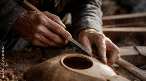 Naklejka Hands meticulously carving wood with a sharp chisel tool.