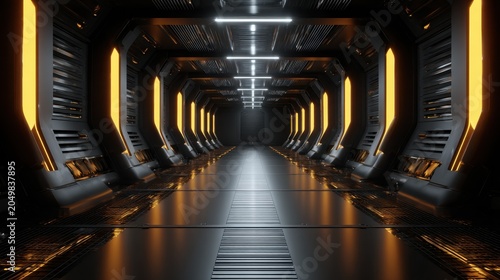 Futuristic sci-fi corridor with sleek design and ambient lighting in high-tech facility